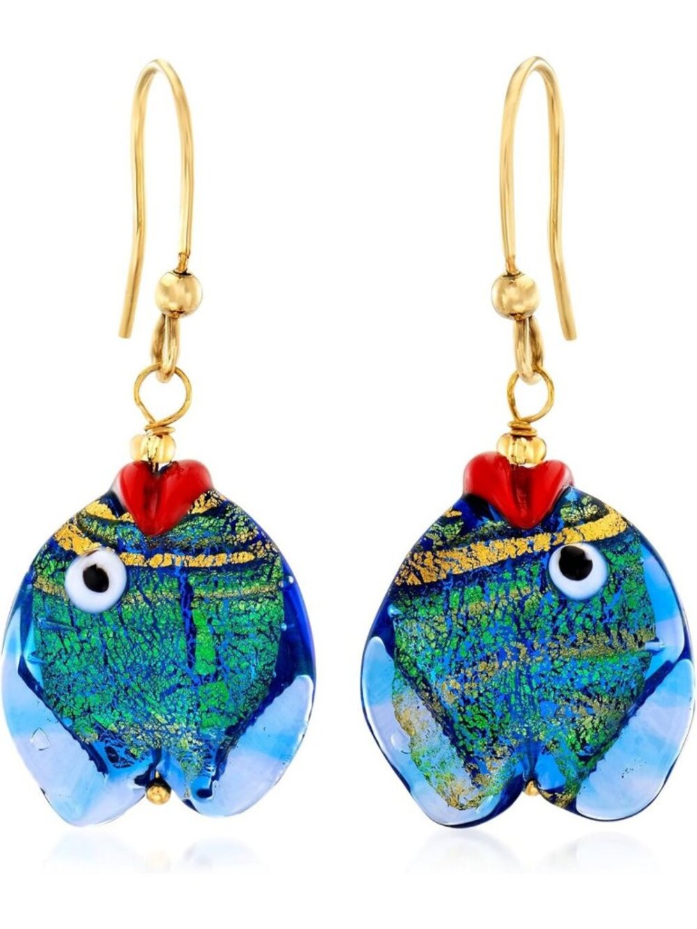 Italian Murano Glass Fish Drop Earrings, 18kt Gold Over Sterling, Colorful